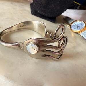 Vintage OSO Silverware Fork Bangle Bracelet with Mother of Pearl Inlay